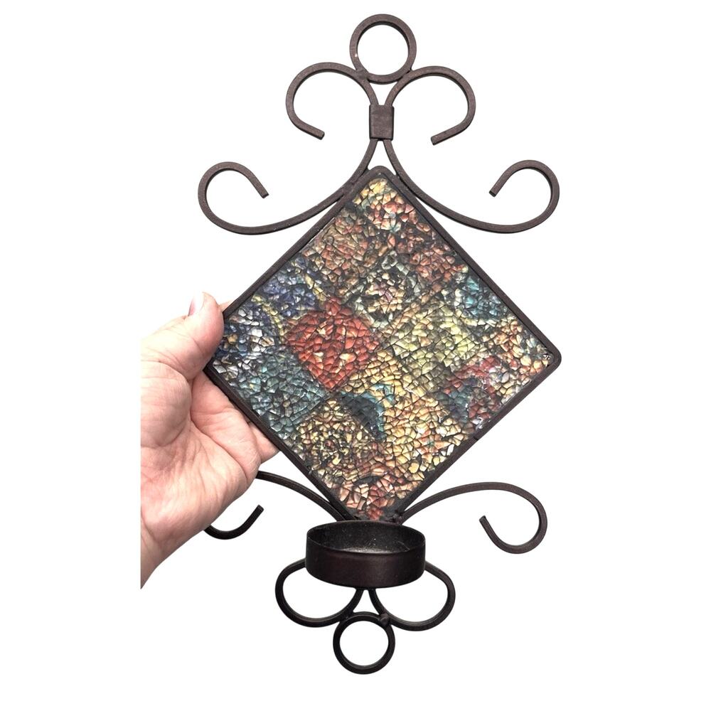 Pair Elements Metal Wall Sconce Candle Holders Multi Mosaic Glass Diamond Scroll